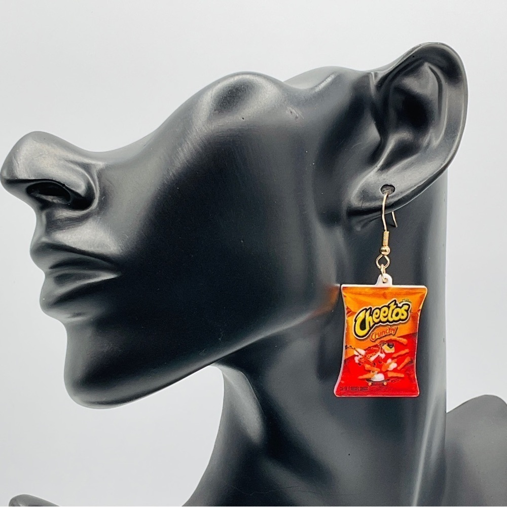 Cheetos Earrings Crunchy Dangle Chester Cheetah Chips Snack Bag Jewelry Gift 2”